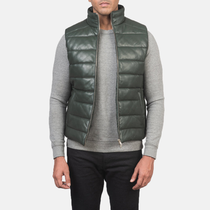 Reeves Verde Leather Puffer Vest para Hombre