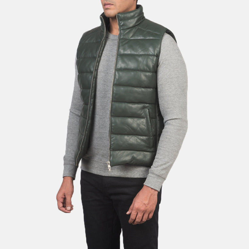 Reeves Verde Leather Puffer Vest para Hombre