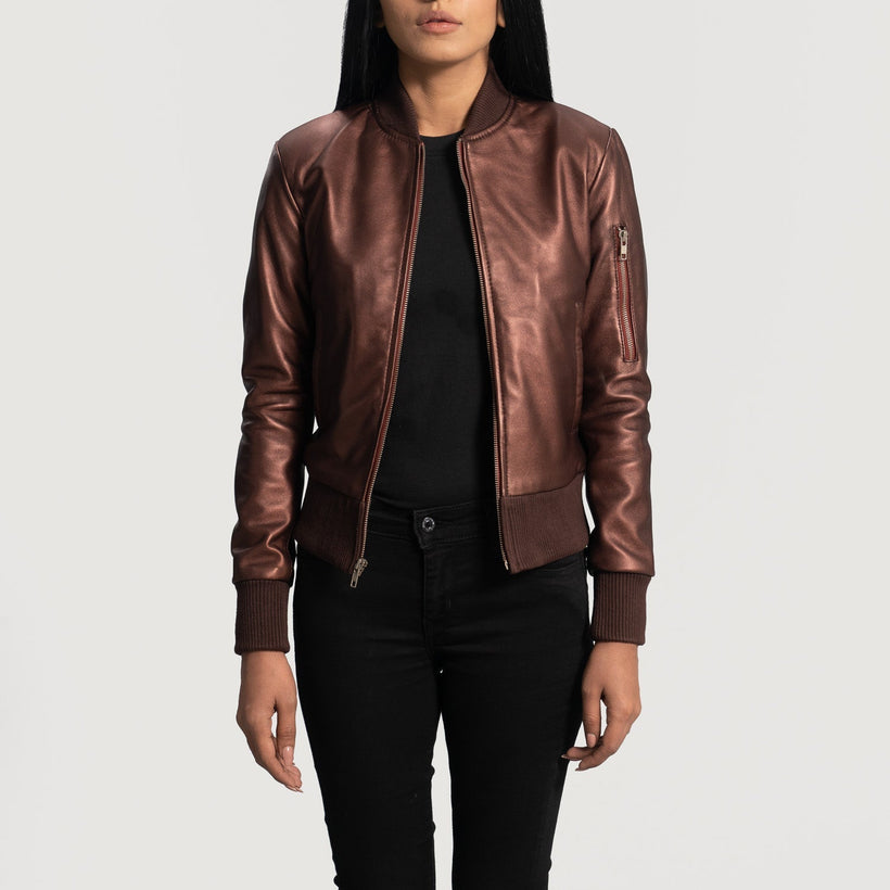 Reida Granate Chaqueta Bomber de Cuero para Mujer