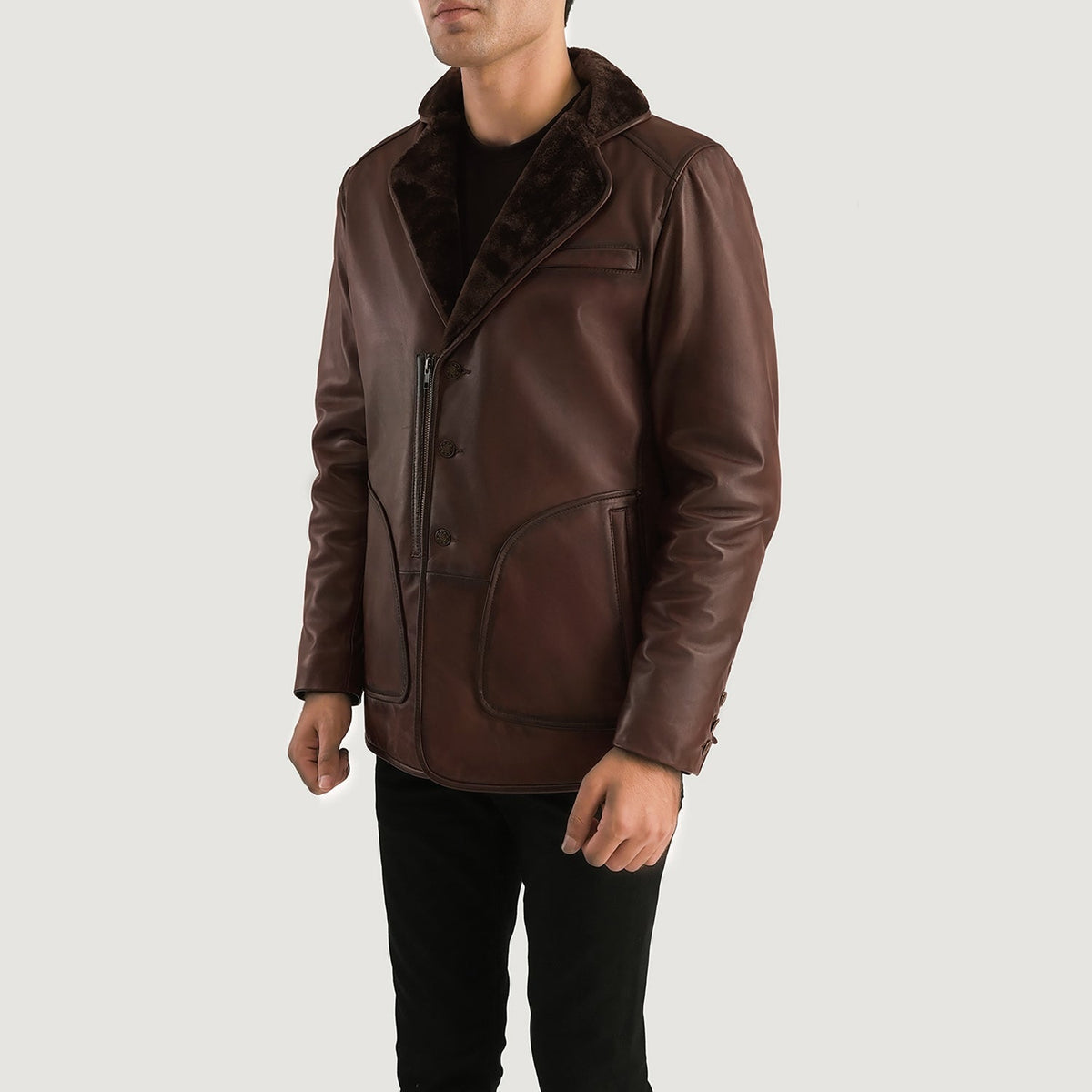 
Distressed Brown Sheepskin Burnishing Aviator Jacket - Vista posterior con hombros definidos y bajo impecable