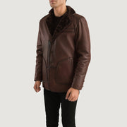 
Distressed Brown Sheepskin Burnishing Aviator Jacket - Vista posterior con hombros definidos y bajo impecable