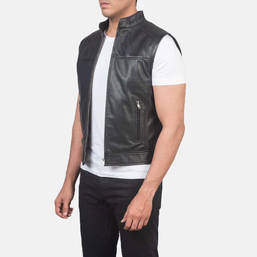 Roland Negro Leather Biker Vest para Hombre