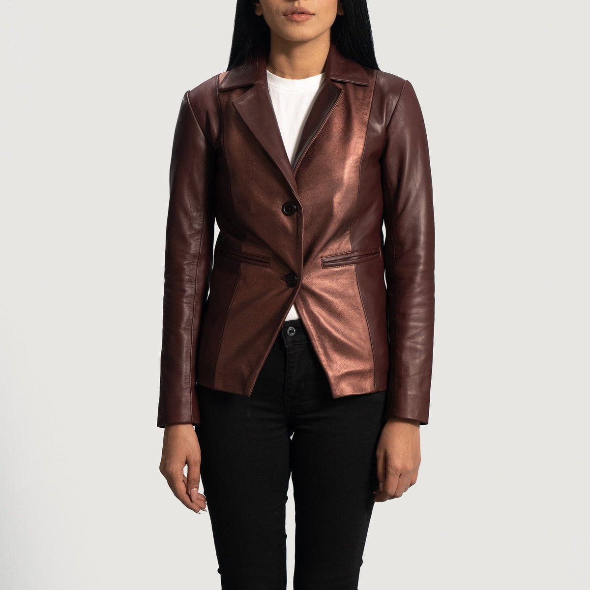 Women's Ruby Metallic Granate Blazer de Cuero de Cuero para Mujer in Maroon Sheepskin Leather - Vista frontal y silueta a medida | Comprar online
