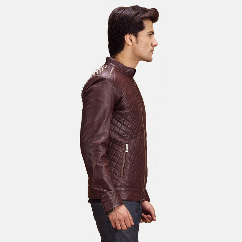 Rumano Jae Granate Chaqueta Biker de Cuero para Hombre