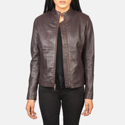 Women's Rumella Maroon Leather Biker Jacket in Maroon Sheepskin Leather - Vista frontal y silueta a medida | Comprar online