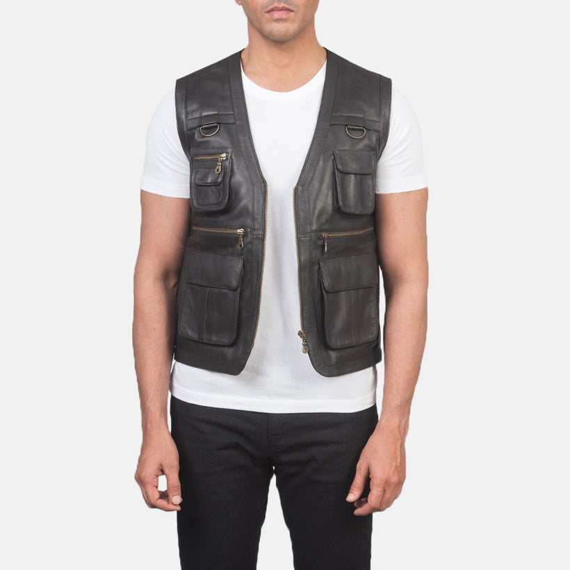 Safari Marrón Chaleco de Cuero para Hombre