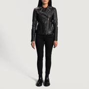 
Vista de detalle of Notch & Zipper Hardware on Sally Mae con Tachuelas Negro Chaqueta Biker de Cuero para Mujer