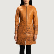 Women's Sandy Tostado Dye Abrigo de Cuero para Mujer in Tan Brown Sheepskin Dip &amp;Amp; Dye - Vista frontal y silueta a medida | Comprar online