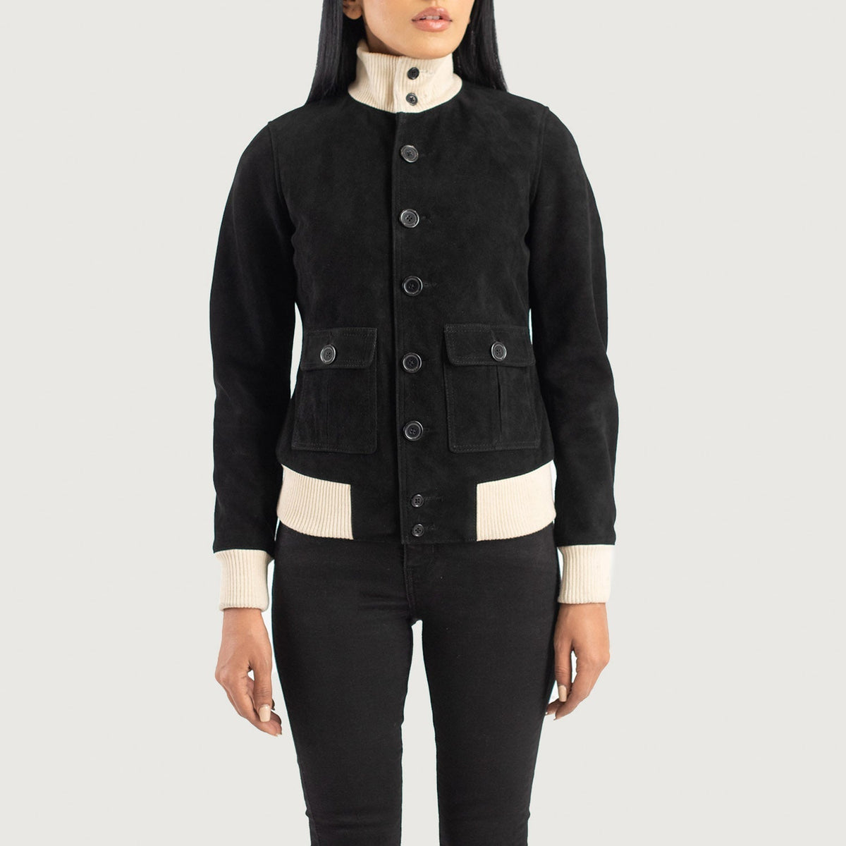 
Vista de detalle of Knit Rib & Buttons Hardware on Sasha A1 Black Suede Bomber Jacket