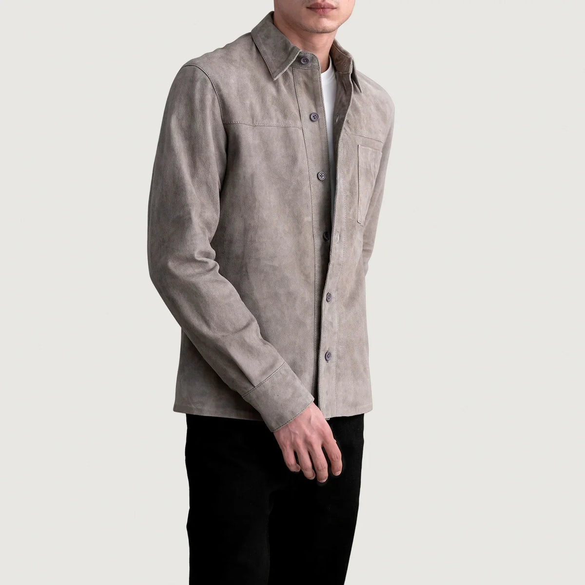 Grey Goatskin suede Jacket - Vista trasera con ajuste entallado en hombros y bajo impecable