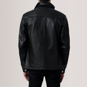 
Primer plano del cuello camisero y cremalleras de Sean Negro Leather Classic Chaqueta de Cuero para Hombre For Men
