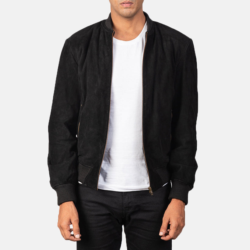 Shane Negro Suede Cazadora Bomber de Cuero para Hombre