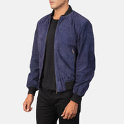 Blue Goatskin Suede Bomber Jacket - Vista trasera con ajuste entallado en hombros y bajo impecable