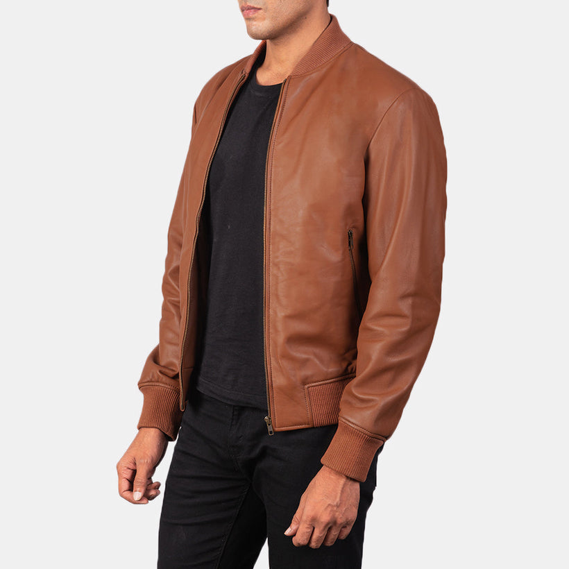 Brown Sheepskin Leather Bomber Jacket - Back View Showing Tailored Shoulder Fit & Clean Hemline