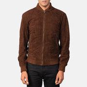 Detalle de cerca of Varsity &amp; Zipper Hardware on Men's Shane Dark Mocha Brown Suede Bomber Jacket