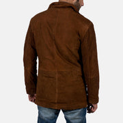 Detalle de cerca of High neck &amp; Zipper with Button Flap Hardware on Men's Sheriff Marrón Chaqueta de Gamuza para Hombre