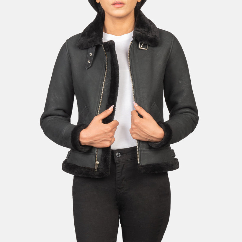 Sherilyn B-3 Negro Cazadora Bomber de Cuero para Mujer