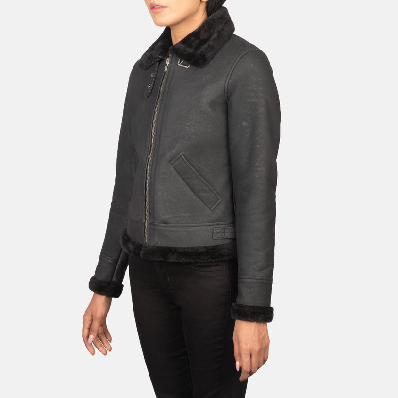 Sherilyn B-3 Negro Cazadora Bomber de Cuero para Mujer