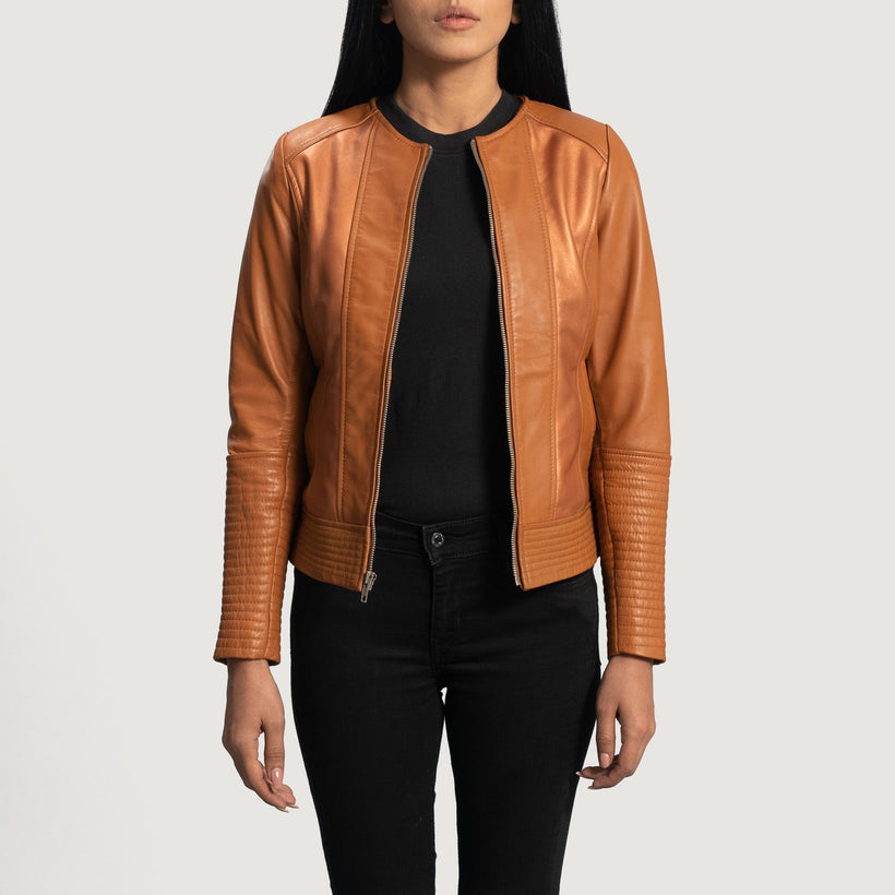 Sleeky Clean Tostado Chaqueta Biker de Cuero para Mujer