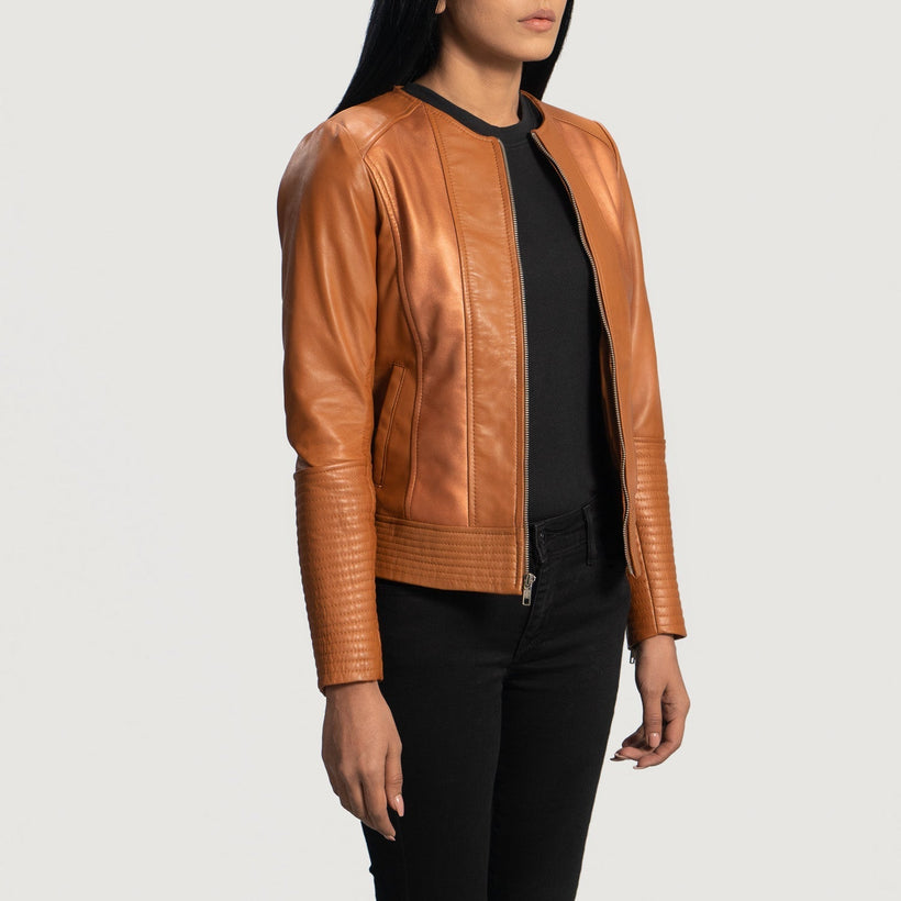 Sleeky Clean Tostado Chaqueta Biker de Cuero para Mujer