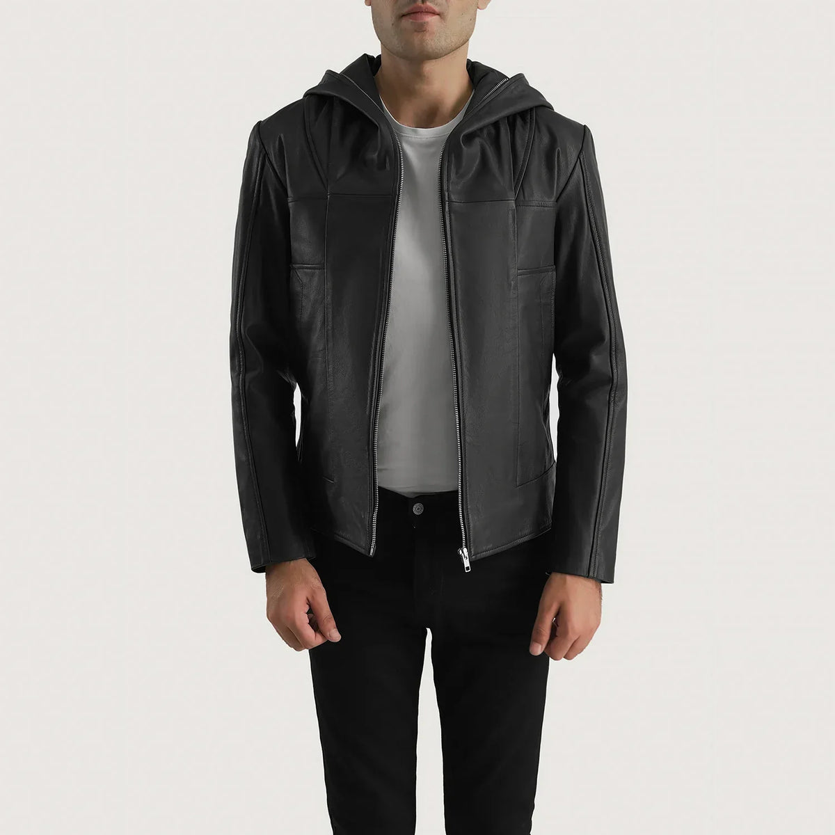 Men's Spratt Negro Hooded Chaqueta de Cuero para Hombre in Black Goatskin Leather - Vista frontal y silueta a medida | Comprar online