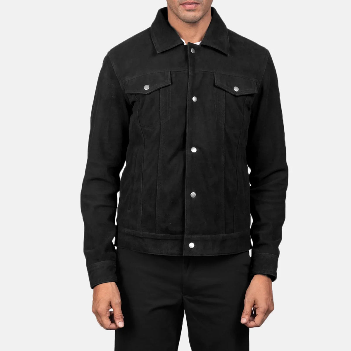 Detalle de cerca of Shirt &amp; Snap Button Hardware on Men's Stallon Black Suede Jacket
