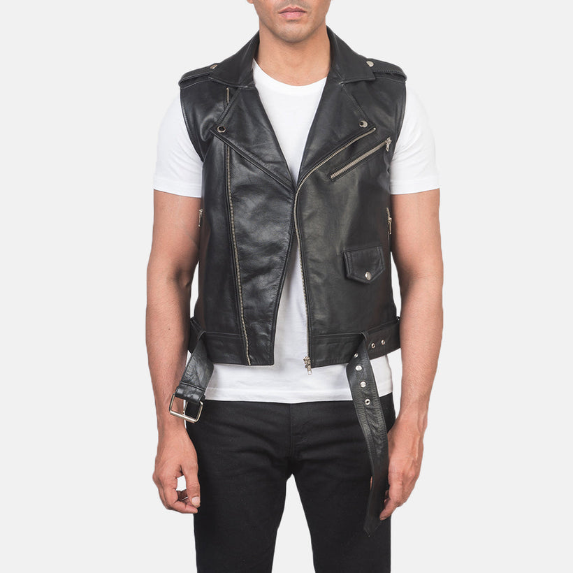 Sullivan Negro Leather Biker Vest para Hombre