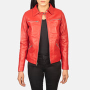 Women's Tomachi Red Leather Jacket in Red Sheep Skin Leather - Vista frontal y silueta a medida | Comprar online