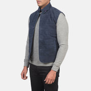 Blue Goatskin Suede Leather Vest - Vista trasera con ajuste entallado en hombros y bajo impecable