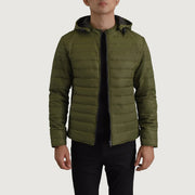 
Tyler Verde Hooded Puffer Chaqueta de Cuero para Hombre in Green Full-Grain Leather - Vista frontal y silueta entallada | Comprar online