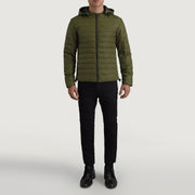 
Tyler Verde Hooded Puffer Chaqueta de Cuero para Hombre - Vista lateral mostrando el corte ergonómico de mangas