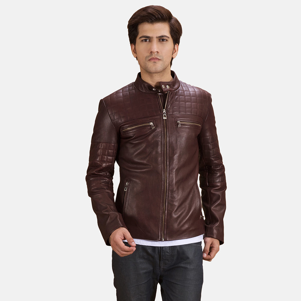 Urbane Acolchado Granate Chaqueta Biker de Cuero para Hombre in Maroon Sheepskin Leather - Vista frontal y silueta a medida | Comprar online