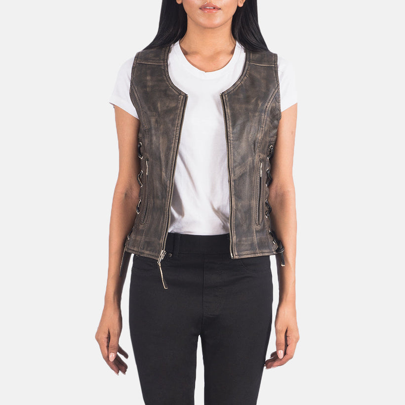 Vanda Marrón Envejecido Leather Biker Vest para Mujer