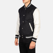 Black &amp; White Sheepskin Leather Varsity Jacket - Vista trasera con ajuste entallado en hombros y bajo impecable