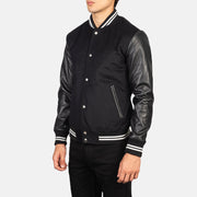 Black Sheepskin Leather Varsity Jacket - Vista trasera con ajuste entallado en hombros y bajo impecable