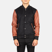 Detalle de cerca of Varsity &amp; Snap Buttons Hardware on Men's Vaxton Brown Hybrid Varsity Jacket
