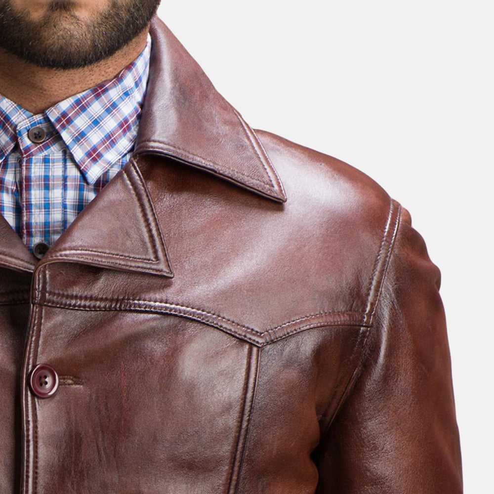
Vincent Alley Marrón Chaqueta de Cuero para Hombre - Vista lateral mostrando el corte ergonómico de mangas