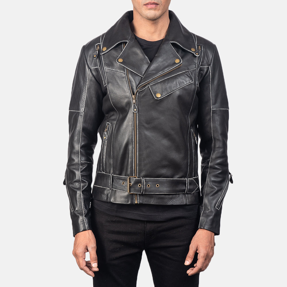 Men's Vincent Black Leather Biker Jacket in Distressed Black Cow Hide Leather - Vista frontal y silueta a medida | Comprar online