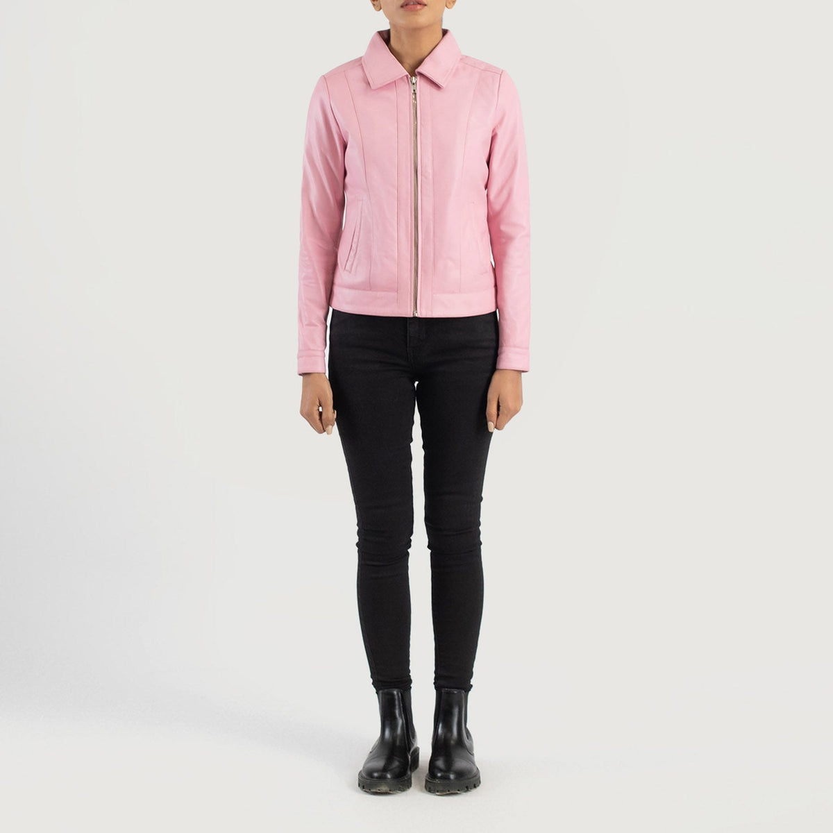 Women's Vixen Pink Classic Collar Leather Jacket - Vista de perfil lateral con corte ergonómico de manga