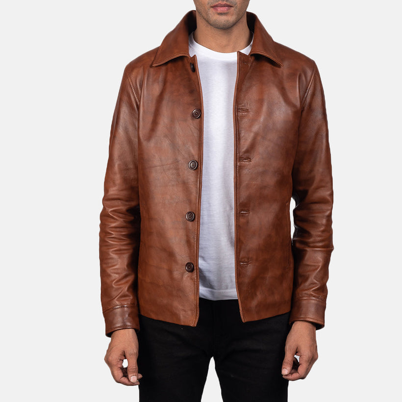 Waffle Marrón Chaqueta de Cuero para Hombre
