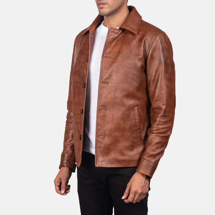Waffle Marrón Chaqueta de Cuero para Hombre