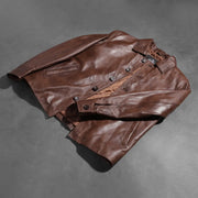 Buttoned &amp; Hem Craftsmanship Construction Detail on Waffle Marrón Chaqueta de Cuero para Hombre