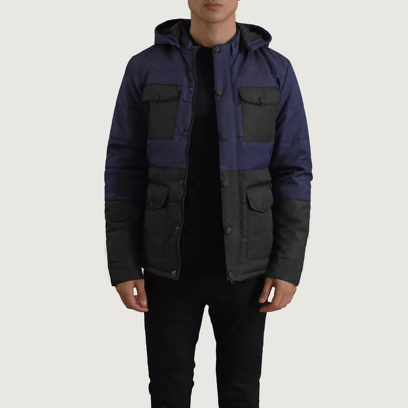 Wayne Negro & Azul Hooded Puffer Chaqueta de Cuero para Hombre
