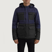 
Vista de detalle of Classic Collar & Heavy-Duty Zipper Hardware on Wayne Negro & Azul Hooded Puffer Chaqueta de Cuero para Hombre