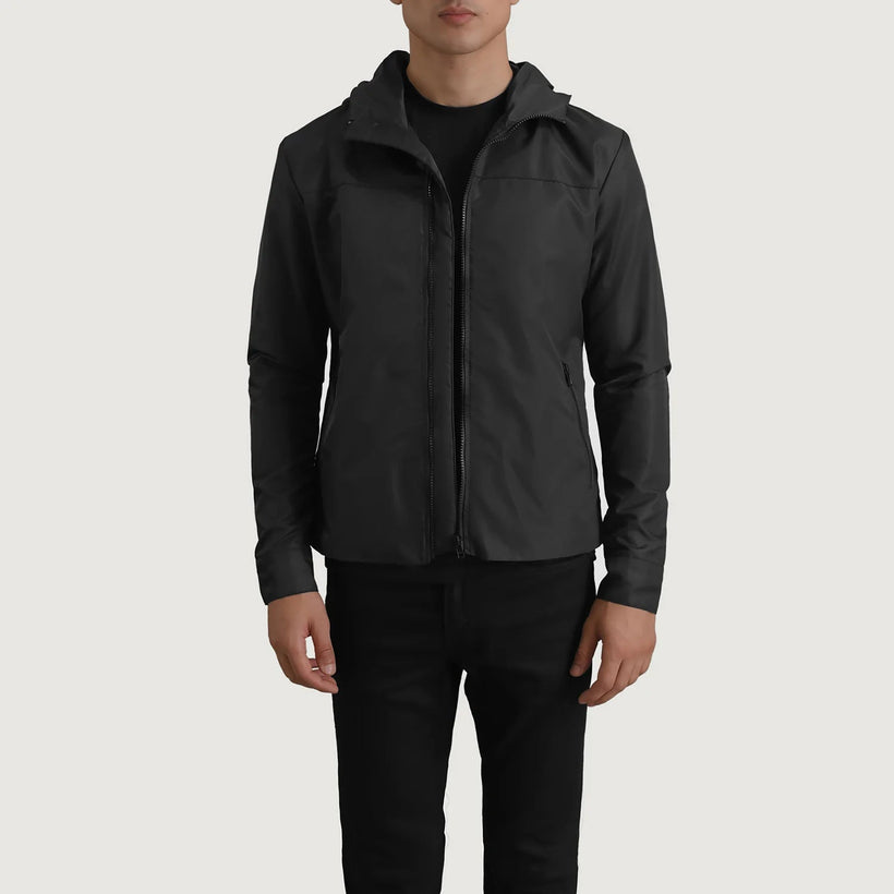 Wesley Negro Hooded Windbreaker Chaqueta de Cuero para Hombre