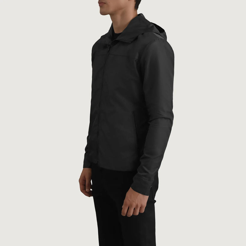 Wesley Negro Hooded Windbreaker Chaqueta de Cuero para Hombre