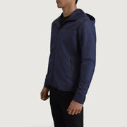 
Blue Full-Grain Leather Hooded Jacket - Vista posterior con hombros definidos y bajo impecable