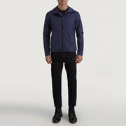 
Wesley Azul Hooded Windbreaker Chaqueta de Cuero para Hombre - Vista lateral mostrando el corte ergonómico de mangas