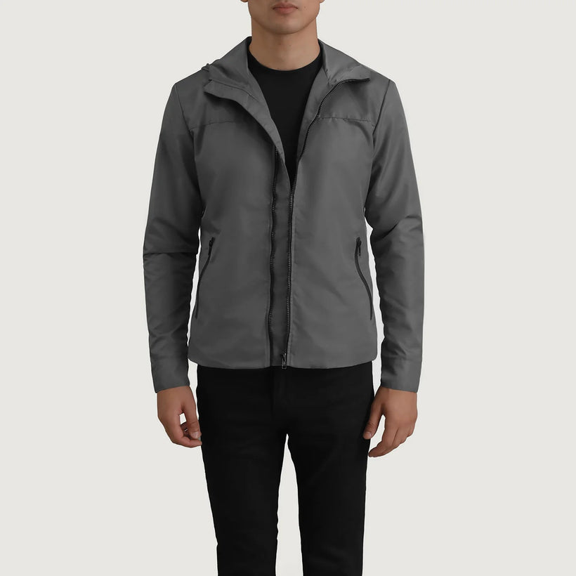 Wesley Gris Hooded Windbreaker Chaqueta de Cuero para Hombre
