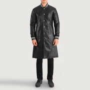 Wilde Negro Leather Varsity Abrigo de Cuero para Hombre in Black Sheepskin Leather - Vista frontal y silueta a medida | Comprar online